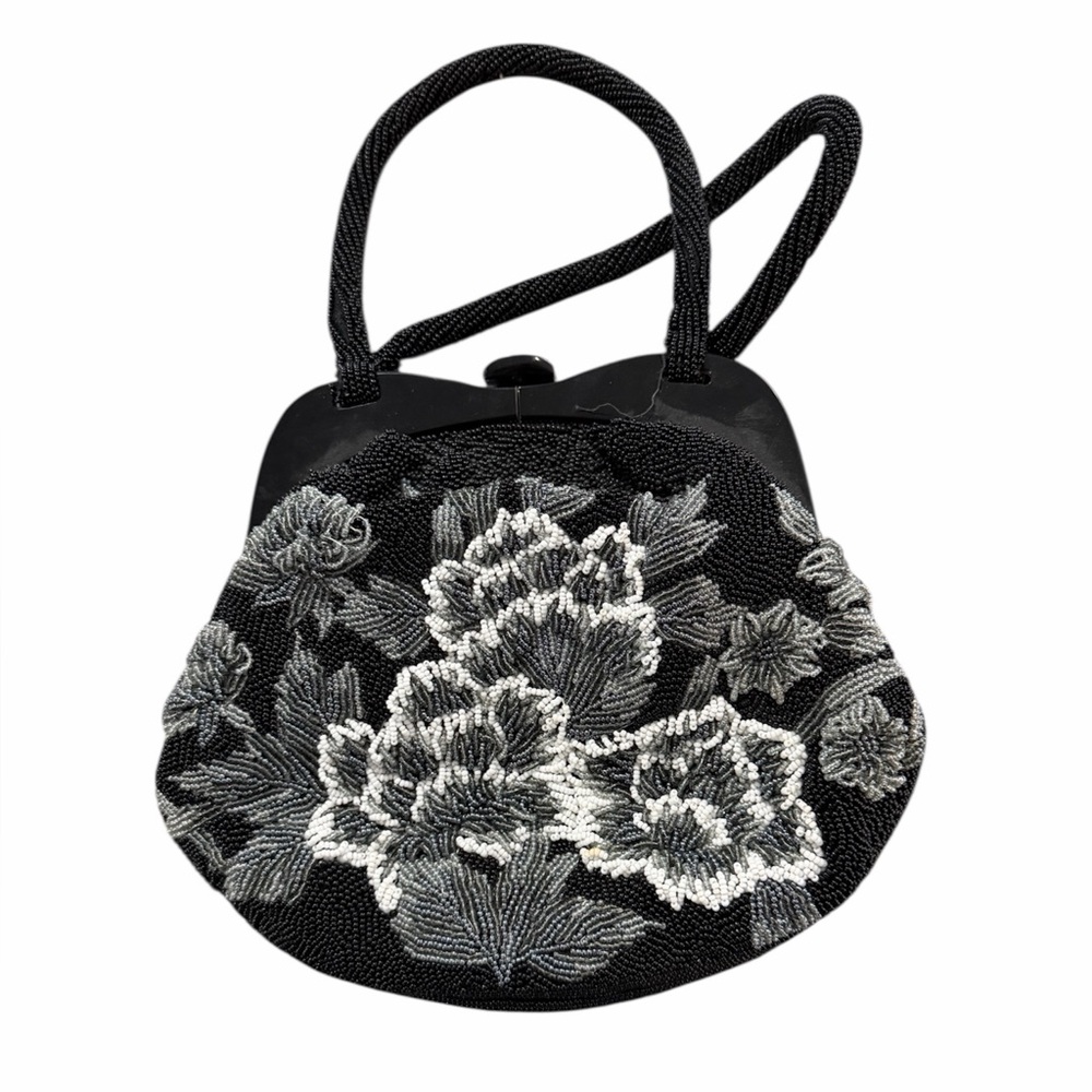 Vintage Mid Century Floral Glass Hand Beaded Lucite Clasp Handbag